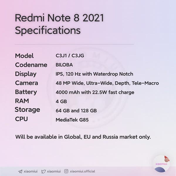 Xiaomi Redmi Note 8 2021 Technical Specifications