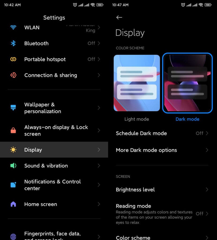 dark mode settings