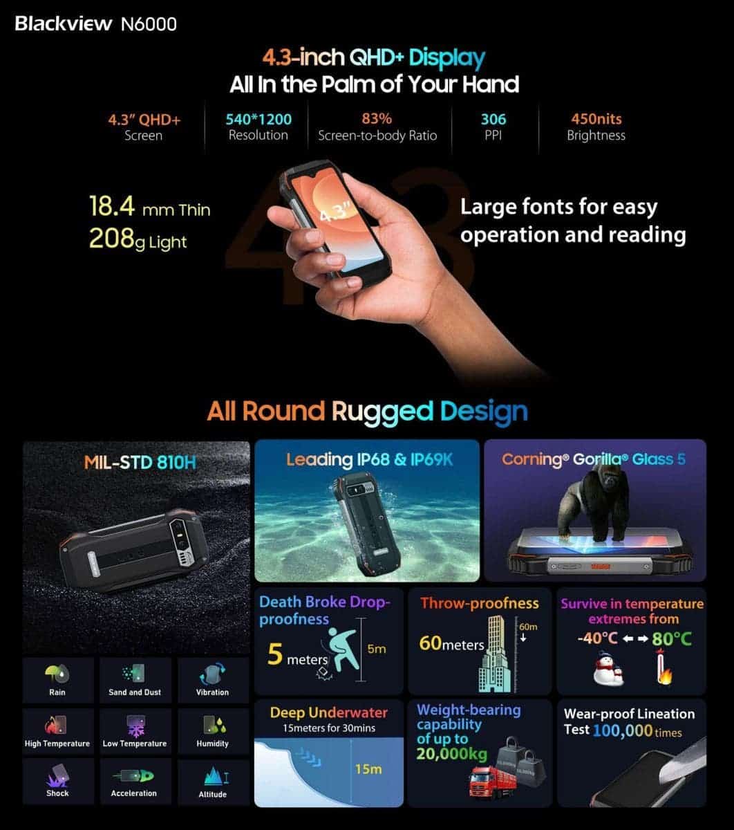 Blackview N6000 Rugged 4.3 Mini Display ,Android 13 , Helio G99 ,Octa  Core, 16GB 256GB, 48MP Cameras