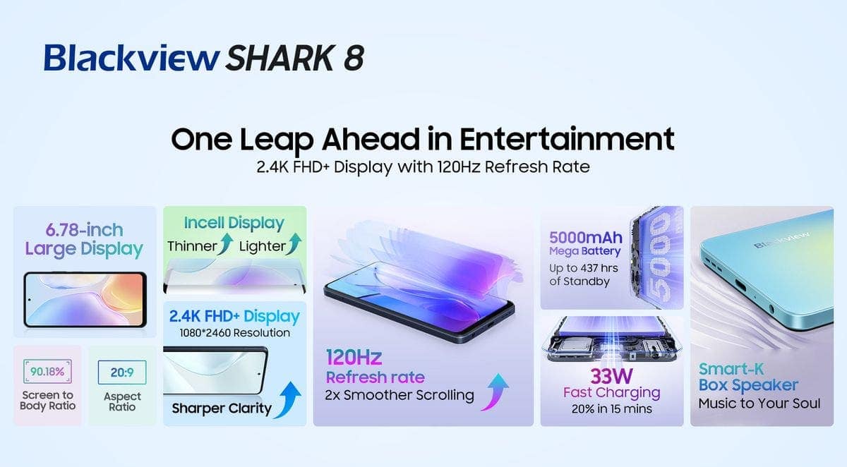 Cheap Blackview SHARK 8 Smartphone Android13 G99 Mobile Phone 6.78'' 120Hz  2.4K Display 8GB 256GB 64MP Cell Phone