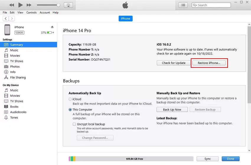 Restoring backup with iTunes