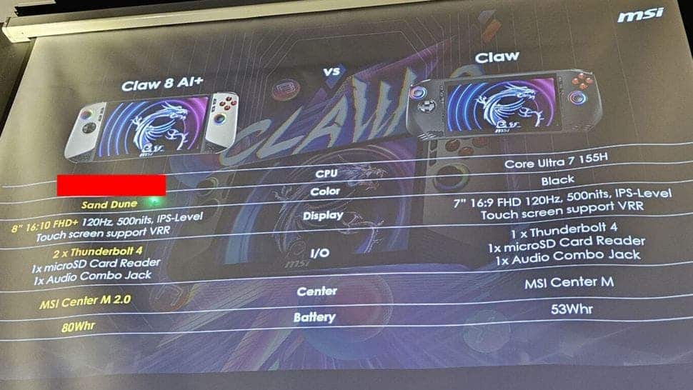 MSI Claw AI 8+ gaming handheld comparison